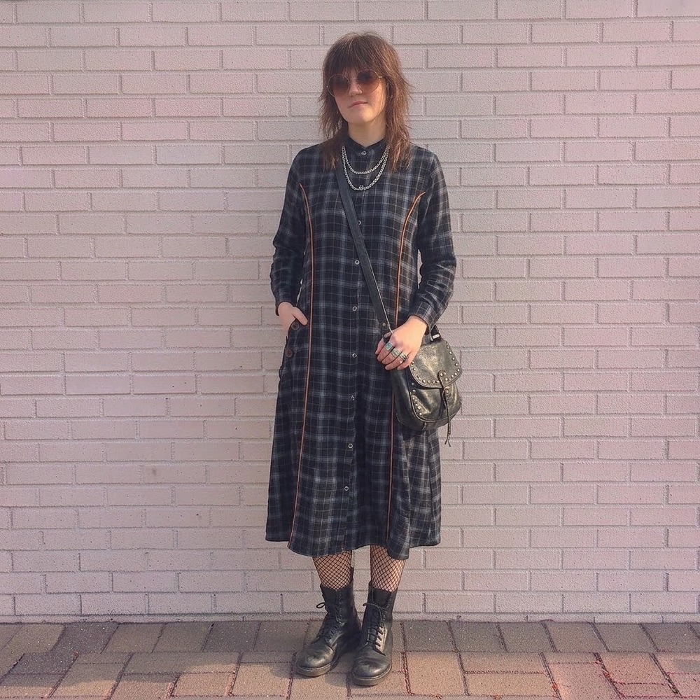 Plaid Flannel Shirt Dress Womens Medium Piping Grunge Indie Streetwear Goth